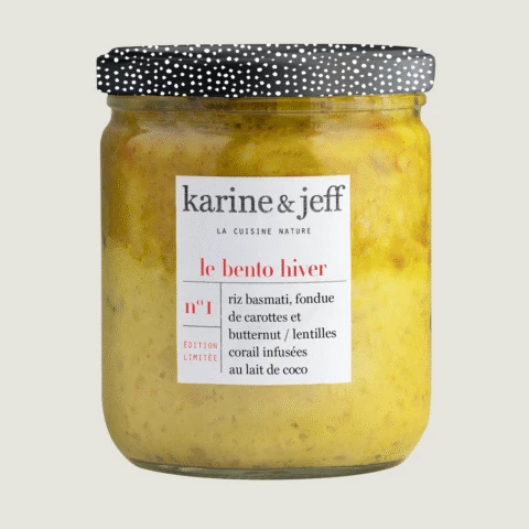 Arroz basmati, fondue de cenoura e abóbora butternut / lentilhas vermelhas com leite de coco